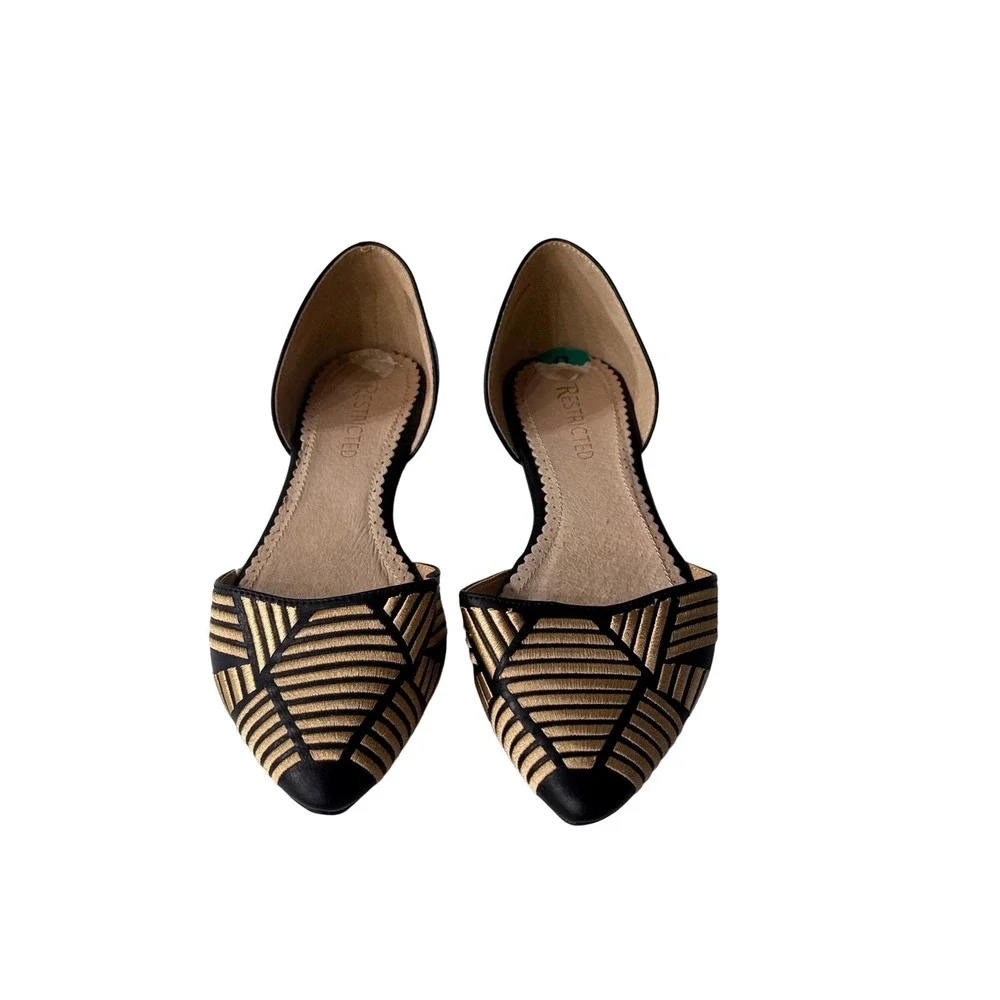 Restricted Womens Black Gold Geometric Embroidered Pointed Toe dOrsay Flats Sz 8